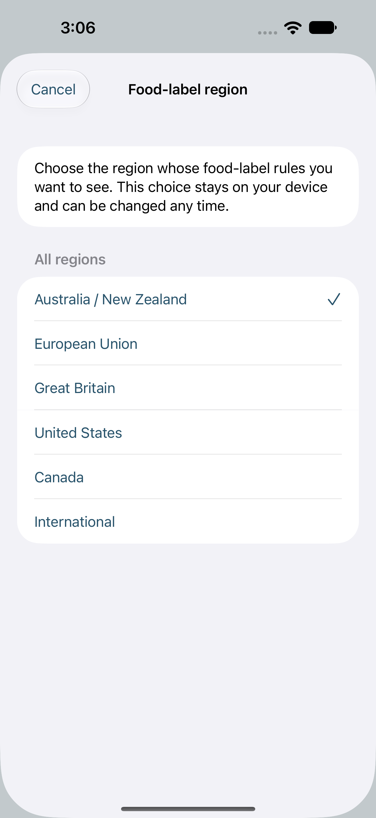 Food-label region selector in Label Lantern
