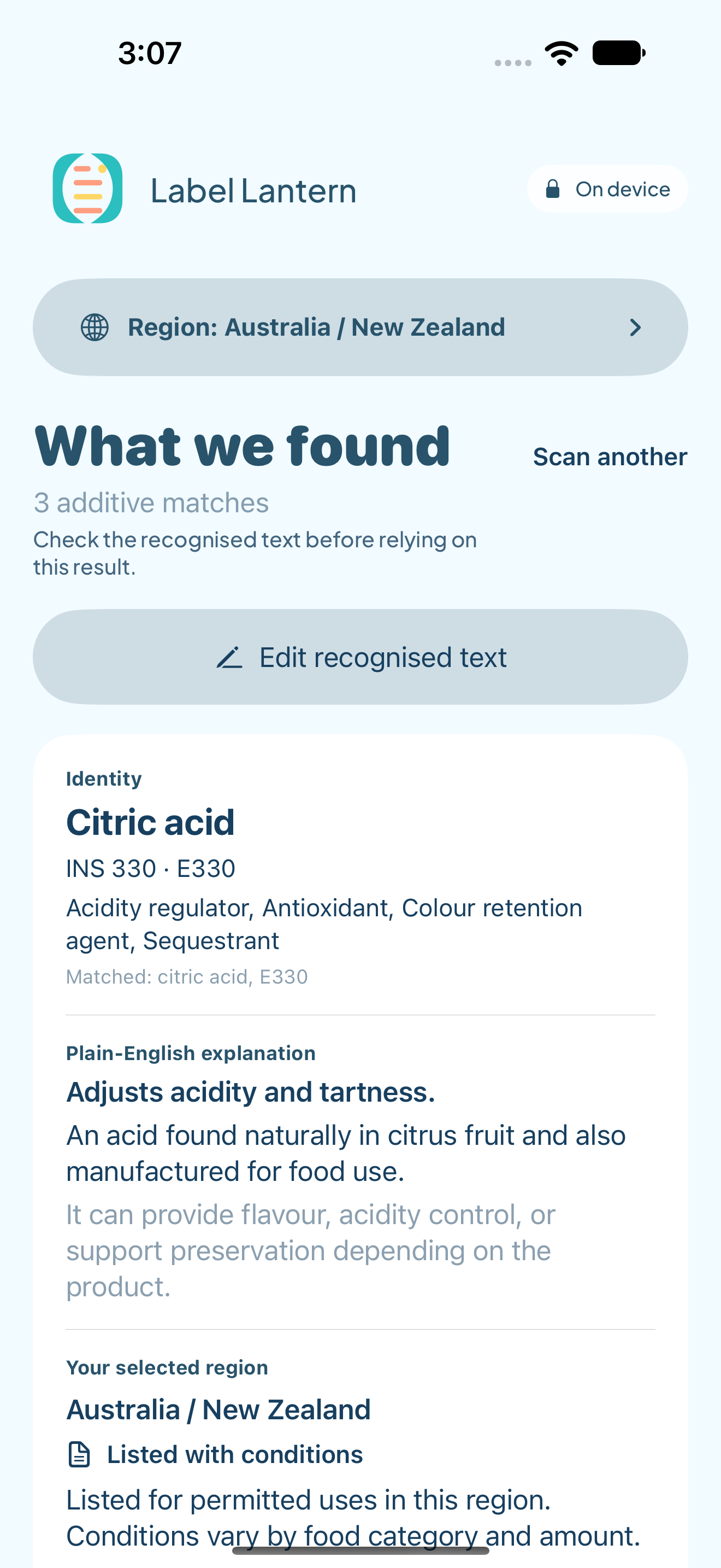 Label Lantern results showing recognised additives with explanations and source links