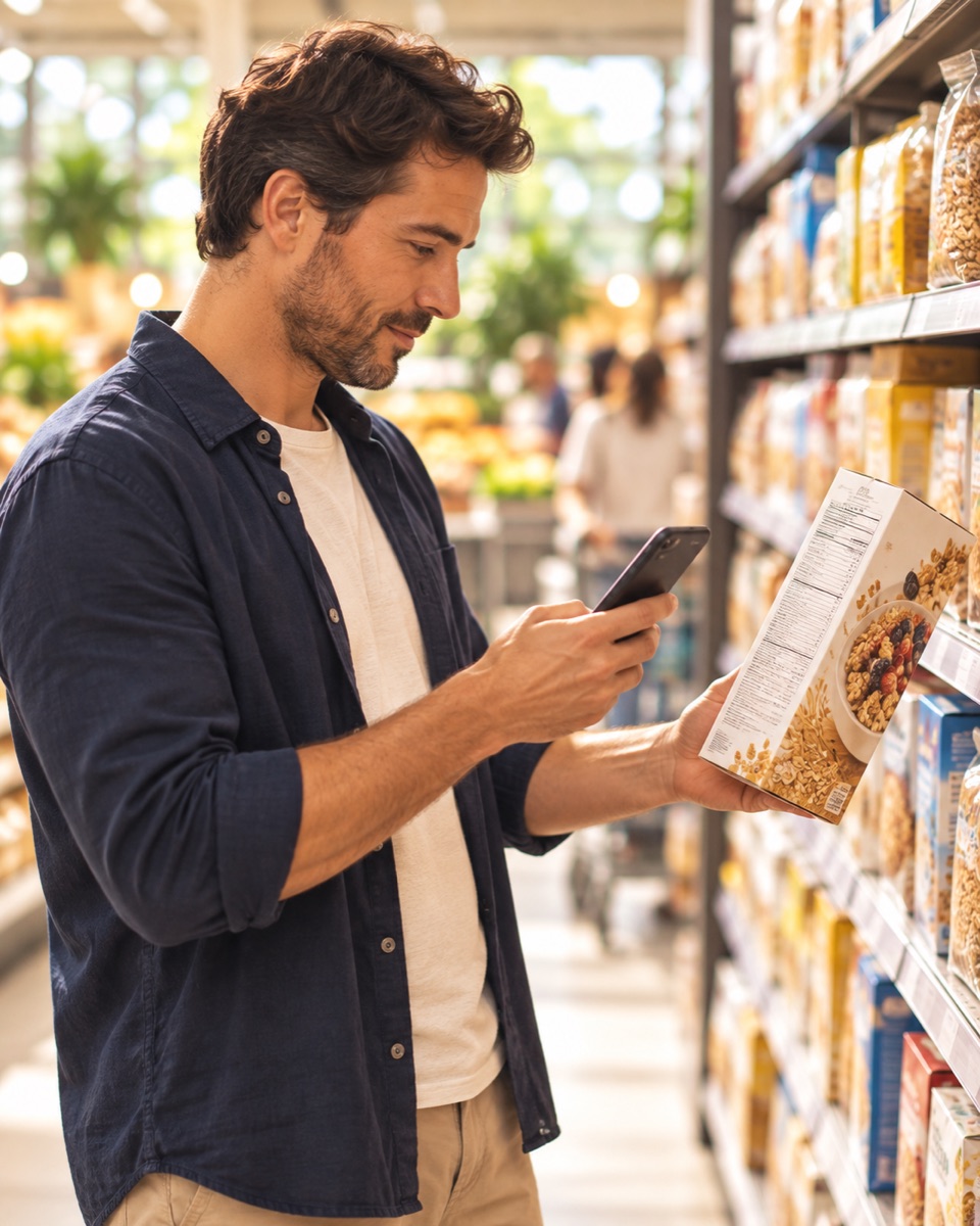A man scanning a cereal box in a supermarket