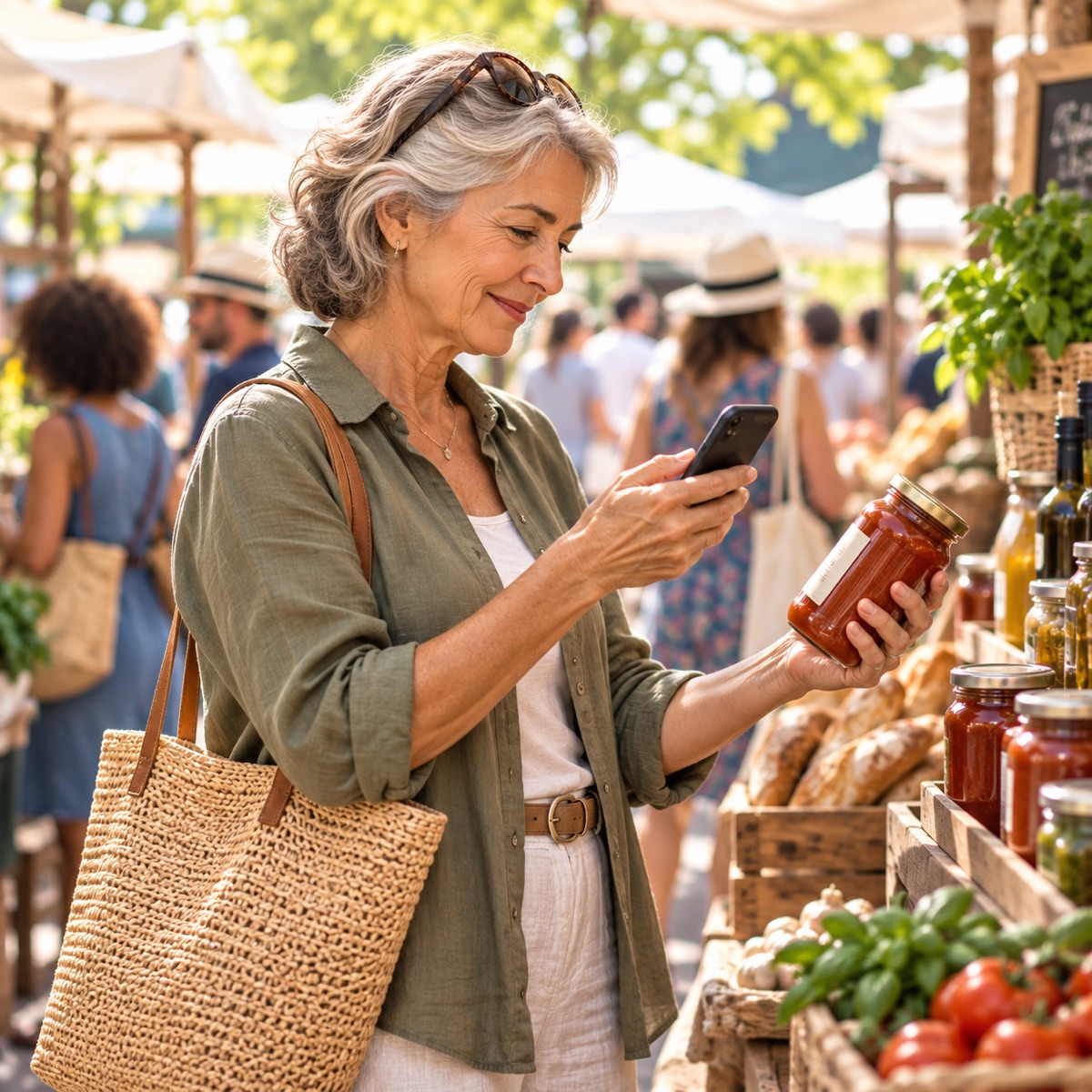 An older woman scanning a sauce jar at a market