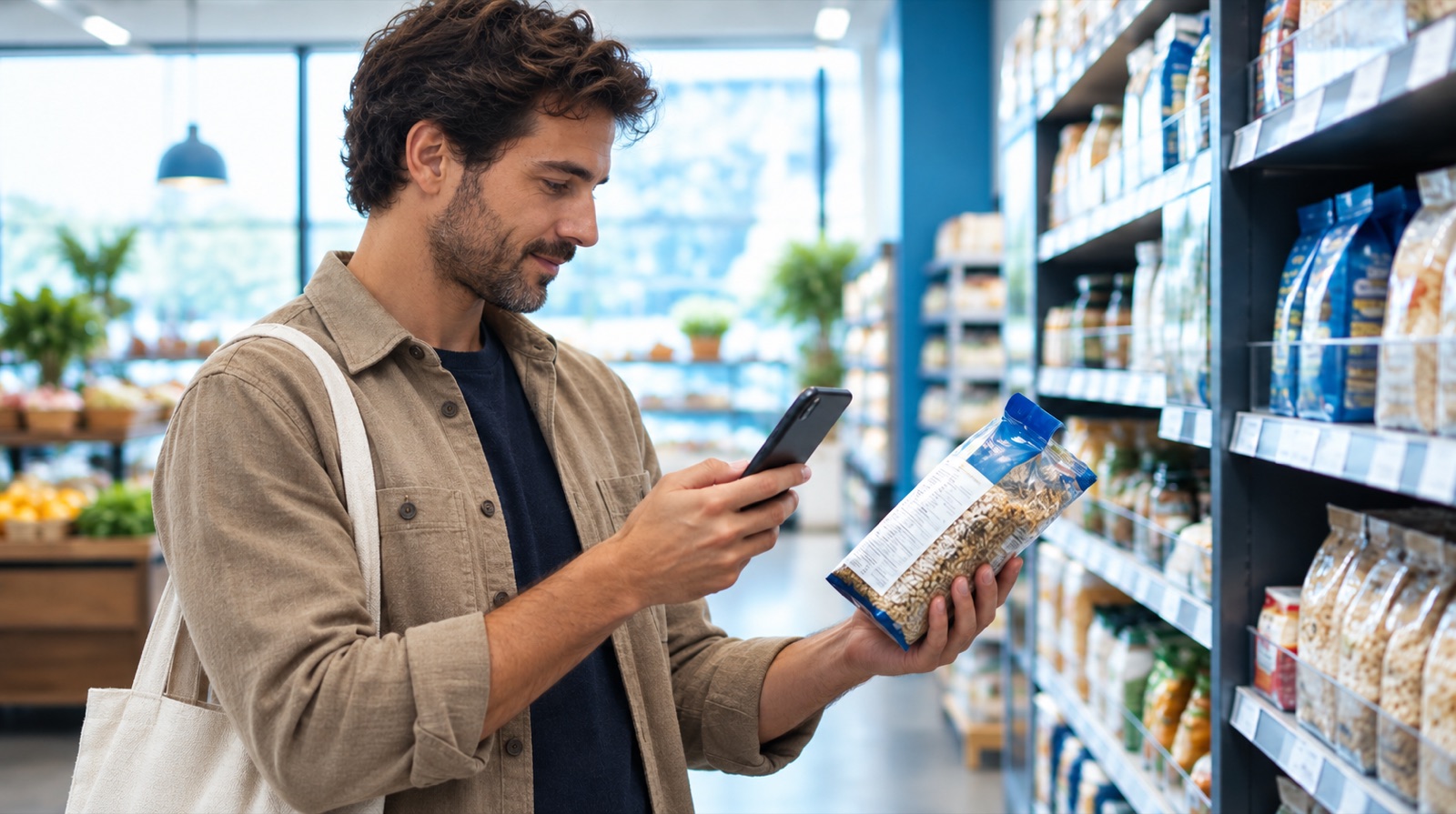 A man scanning the ingredient panel of a packaged food in a supermarket